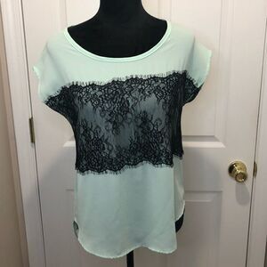 Mona B mint green with black lace blouse